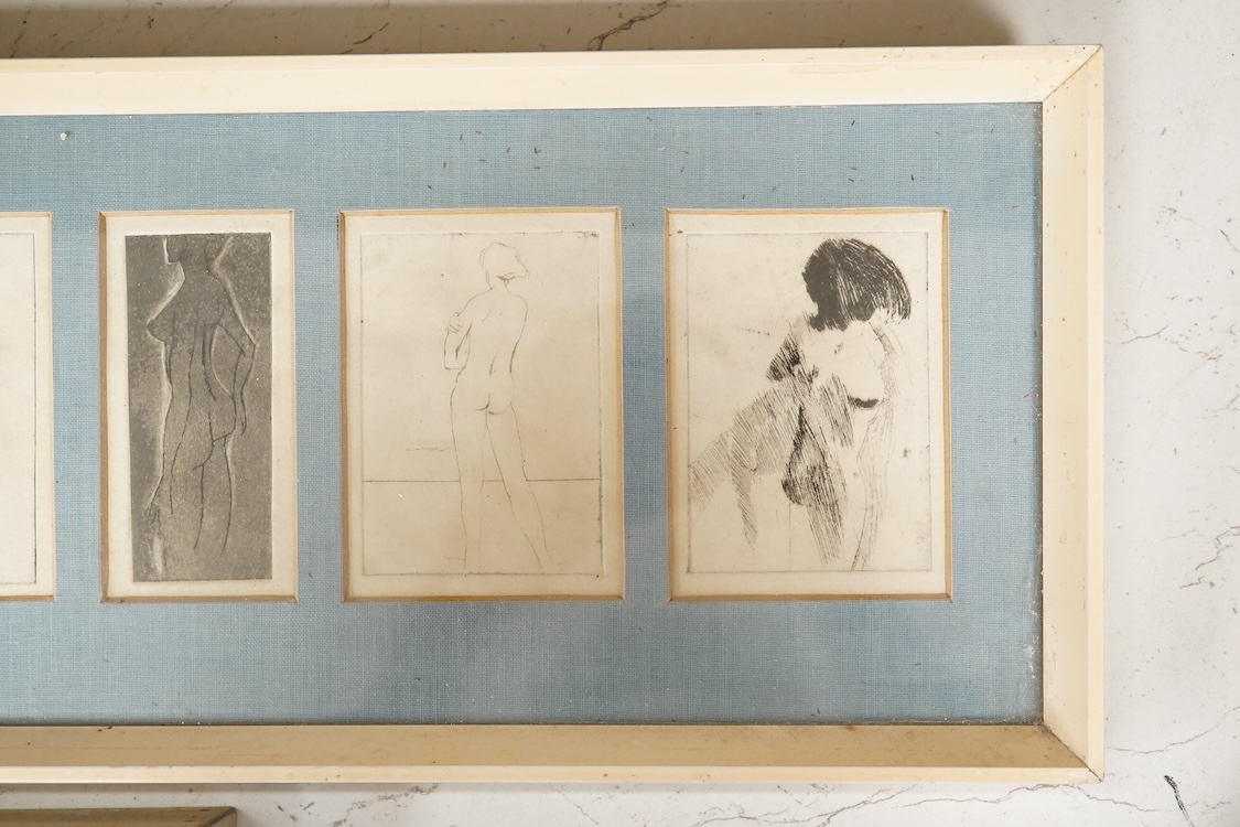 Bill Parrot, Set of seven etchings, Nude female studies, unsigned, framed as one, inscribed verso together with a small oil study of a locomotive, largest overall 16.5 x 56cm